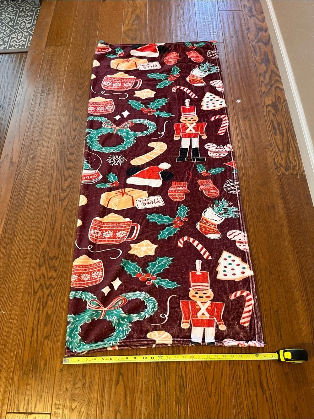 Super Soft Burgundy Holiday Christmas Throw Blanket with Santa & Gingerbread